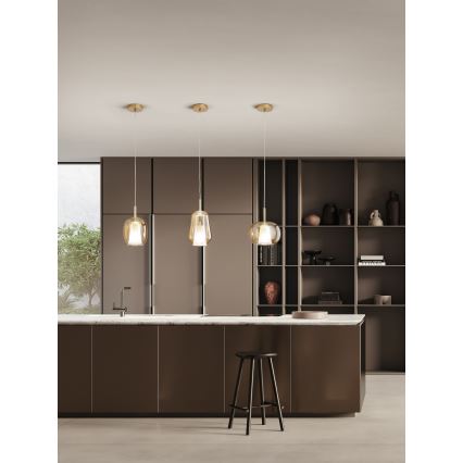 Ondaluce - Подвесен полилей на кабел THELMA 1xE27/15W/230V диам. 19,5 см златен/димно-бежов