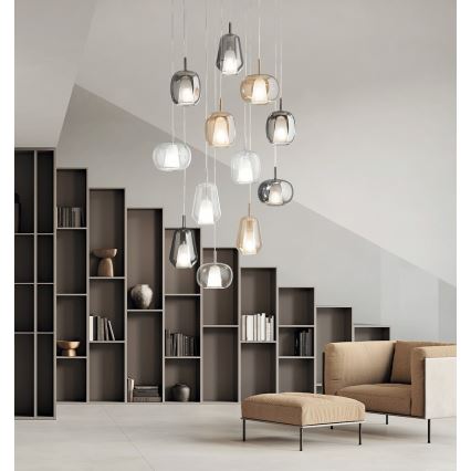Ondaluce - Подвесен полилей на кабел THELMA 1xE27/15W/230V диам. 19,5 см златен/димно-бежов