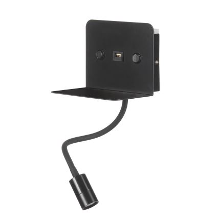 ONLI - LED Гъвкав малка лампа с рафт и USB зареждане PLAK LED/1W/230V черен