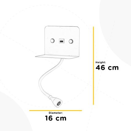 ONLI - LED Гъвкав малка лампа с рафт и USB зареждане PLAK LED/1W/230V черен