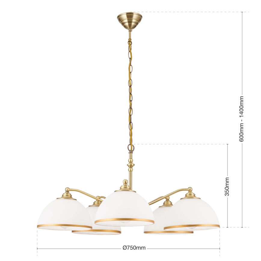 Пендел OLD LAMP 5xE27/40W/230V Ø 75 cm бял/месинг