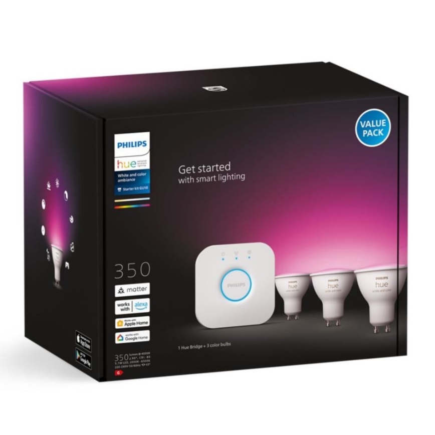 Основен комплект Philips Hue WHITE AND COLOR AMBIANCE 3xGU10/5,7W/230V 2000-6500K + устройство за свързване