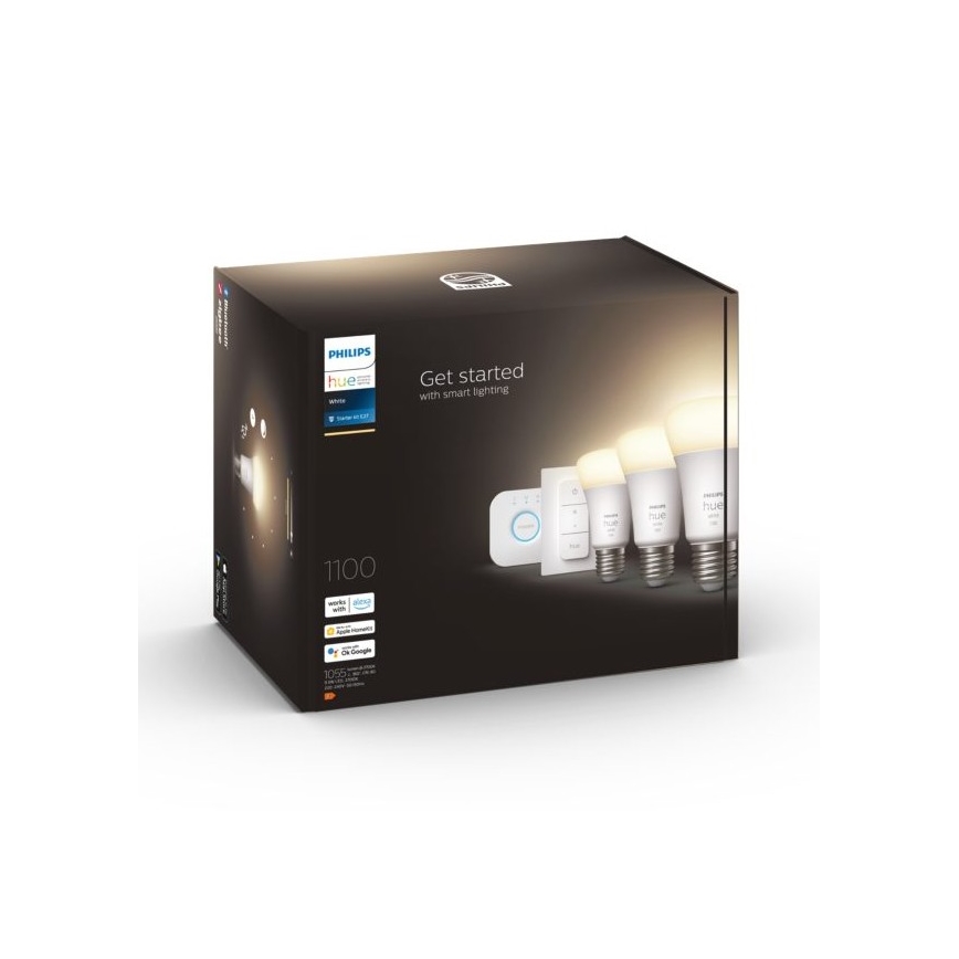 Основен комплект Philips Hue WHITE 3xE27/9,5W 2700K + Hue Bridge и димерен ключ