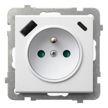 Ospel - Безрамков стенен контакт 230V + 1xUSB-A + 1xUSB-C SONATA бял