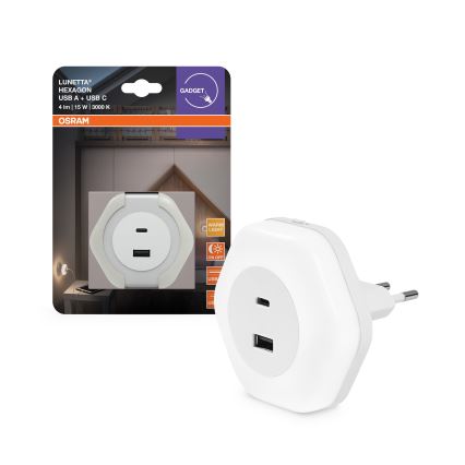 Osram - LED нощна лампа за контакт с USB LUNETTA LED/15W/230V бяла