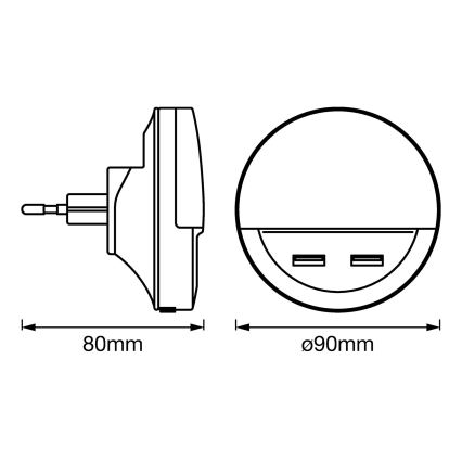Osram - LED нощна лампа за контакт с вграден сензор LUNETTA 2xUSB LED/13W/230V