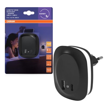 Osram - LED нощна лампа за контакт със сензор и USB LUNETTA LED/12,5W/230V черна