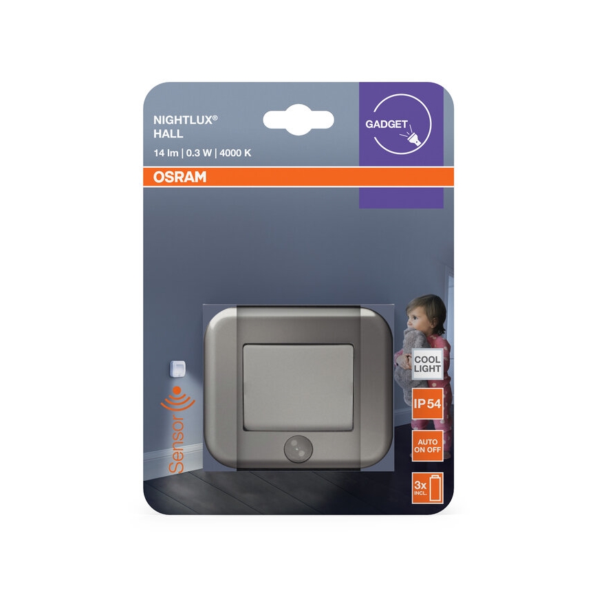 Osram - LED ориентационно осветително тяло със сензор NIGHTLUX LED/0,3W/3xAAA IP54 сребристо