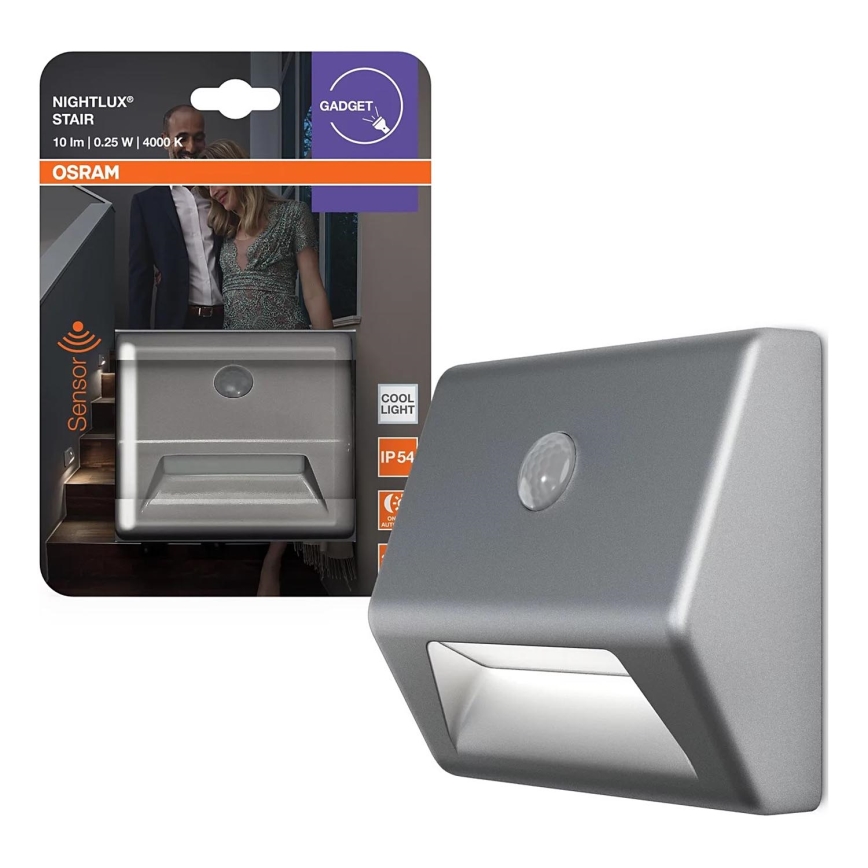 Osram - LED осветително тяло за стълбище с сензор NIGHTLUX LED/0,25W/3xAAA IP54 сребристо
