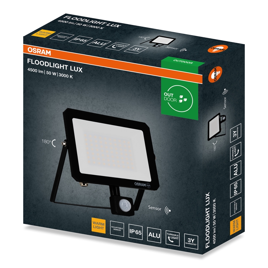 Osram - LED прожектор със сензор за движение и сумрак FLOODLIGHT LED/50W/230V 3000K IP65 черен