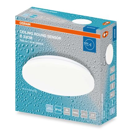 Osram - LED таванно осветително тяло за баня с сензор за здрач CEILING ROUND LED/18W/230V 6500K, диаметър 33 см, IP44, бяло