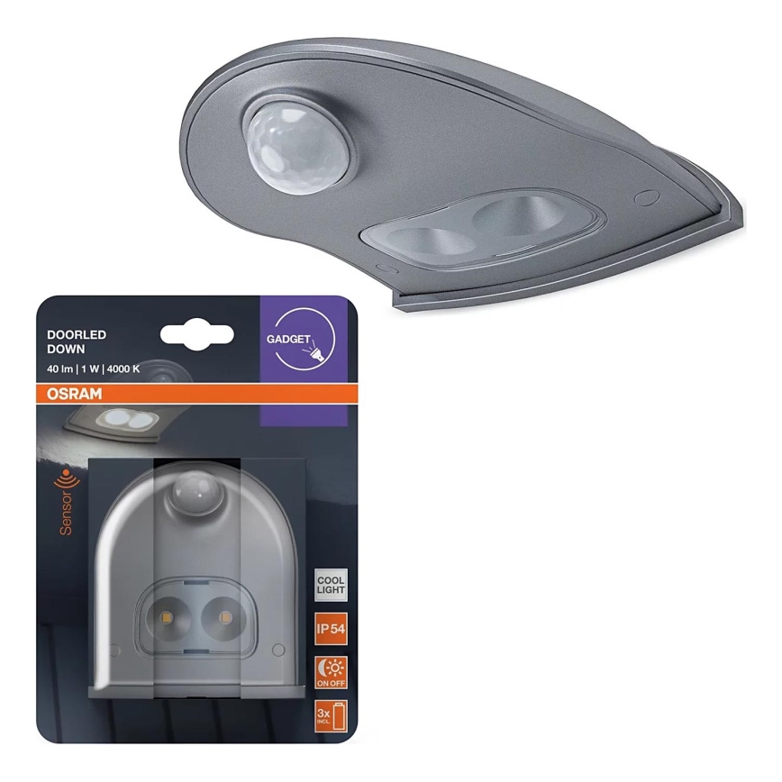 Osram - LED външно стенно осветително тяло с датчик DOORLED LED/0,5W/3xAA IP54 сребристо