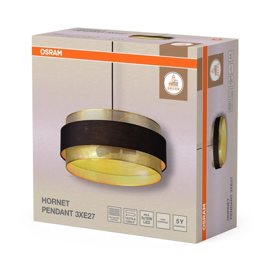 Osram - Полилей на кабел DECOR HORNET 3xE27/10W/230V Ø 50 см черен/златист