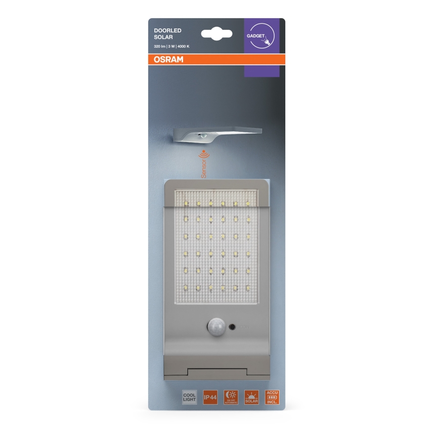 Osram - LED соларен стенен осветител с датчик DOORLED, LED/3W/3,3V, 2000 mAh, IP44, сребрист