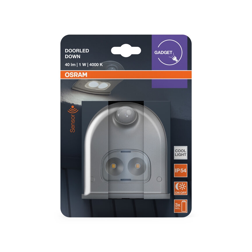 Osram - LED външно стенно осветително тяло с датчик DOORLED LED/0,5W/3xAA IP54 сребристо
