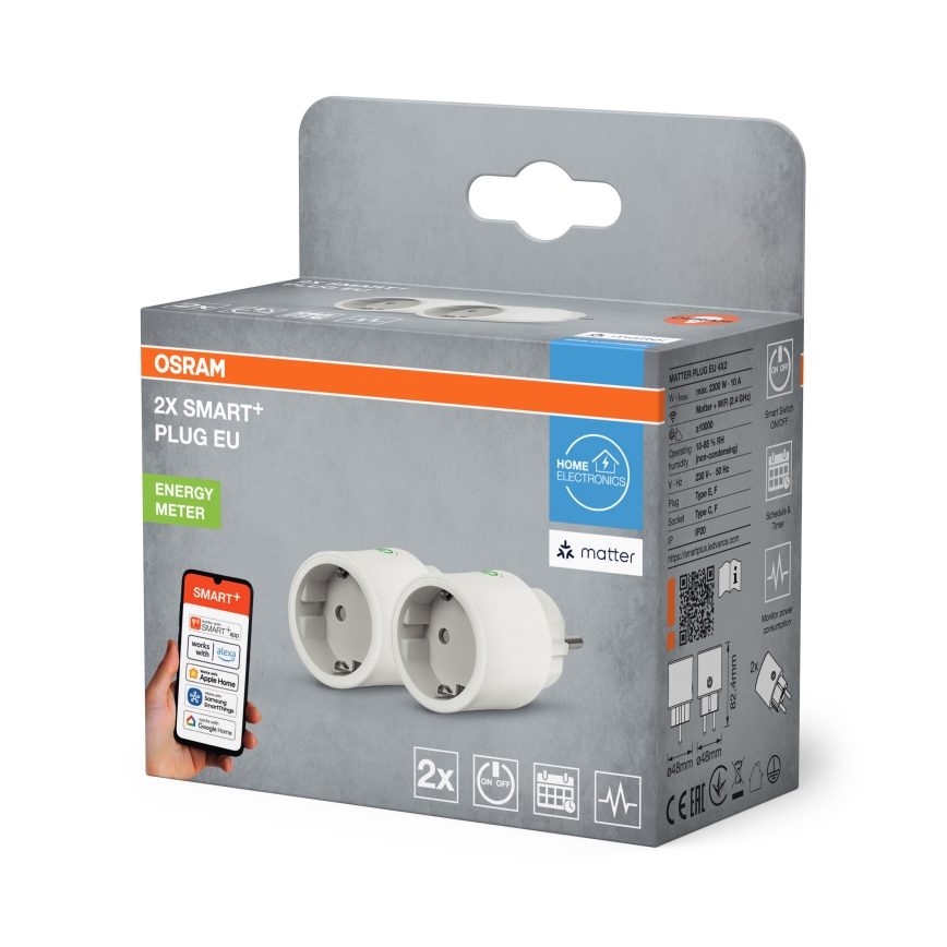 Osram - Комплект 2x умна розетка SMART+ MATTER SCHUKO 2300W/230V/10A Wi-Fi бяла