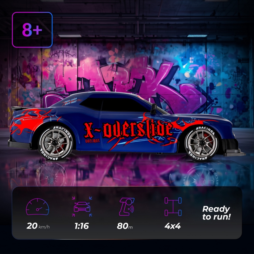 Overmax - RC дрифт автомобил с дистанционно управление 2 в 1 X-OVERSLIDE 1000 mAh черен/зелен/син/червен