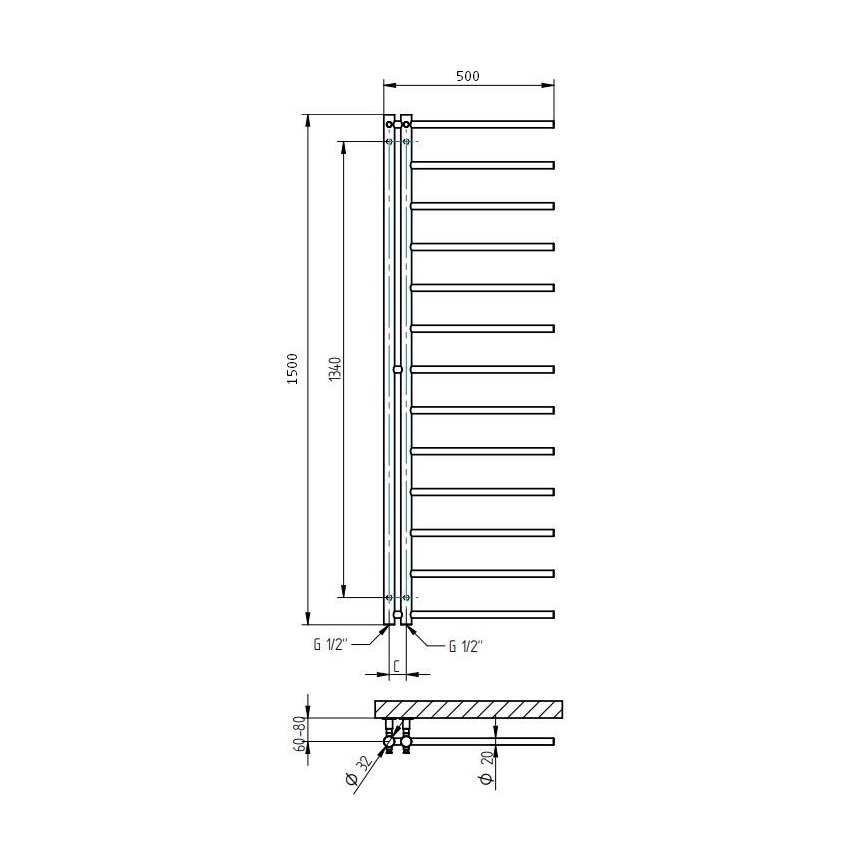 P.M.H. AP2W-L - Радиатор-стълба за баня APOLLO 346W 150 cm, десен/бял