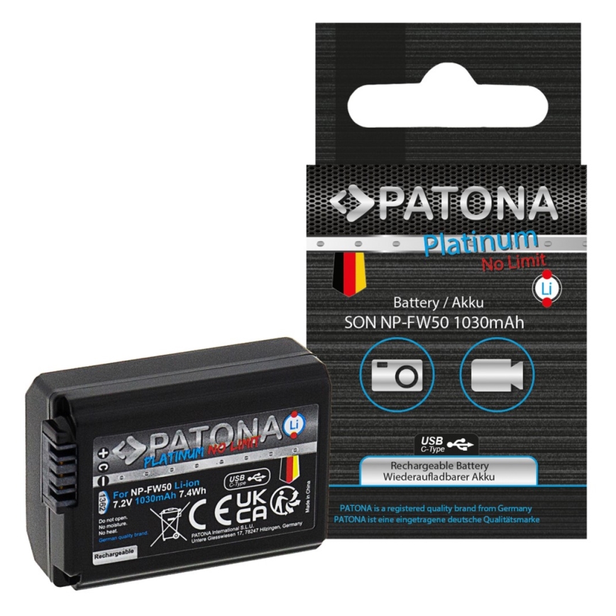 PATONA - Батерия Sony NP-FW50 1030mAh Li-Ion Platinum с USB-C зареждане