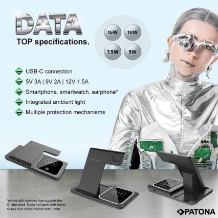 PATONA - Безжично зарядно 3в1 за iPhone черно