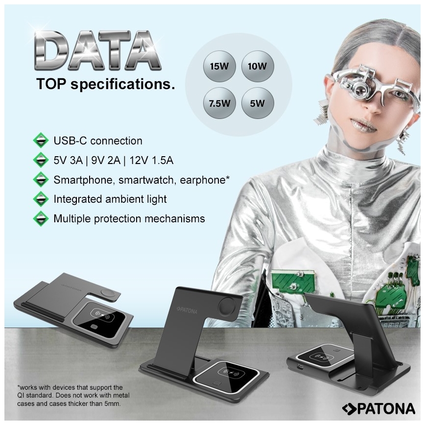 PATONA - Безжично зарядно 3в1 за iPhone черно
