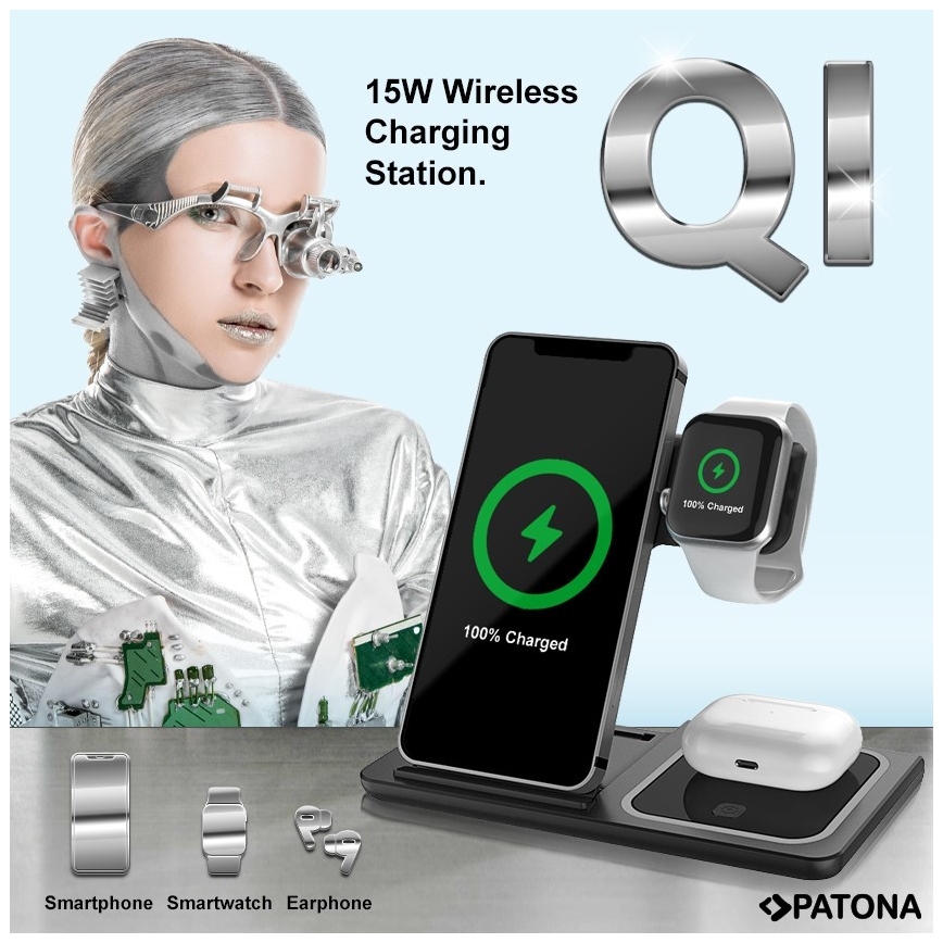 PATONA - Безжично зарядно 3в1 за iPhone черно