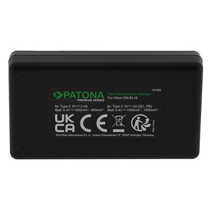 PATONA - Бързо зарядно Dual Nikon EN-EL15/EN-EL15C + кабел USB-C 0,6м