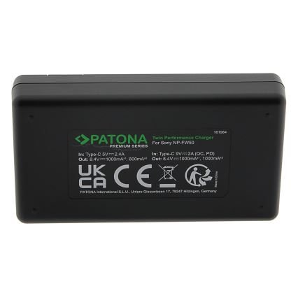 PATONA - Бързо зарядно Dual Sony NP-FW50 + кабел USB-C 0,6м