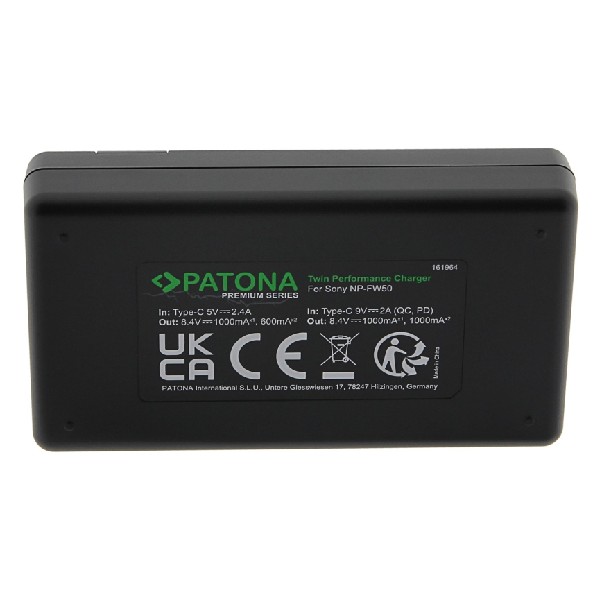 PATONA - Бързо зарядно Dual Sony NP-FW50 + кабел USB-C 0,6м