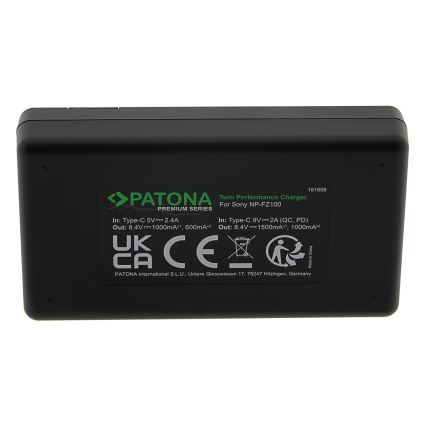 PATONA - Бързо зарядно Dual Sony NP-FZ100 + кабел USB-C 0,6м