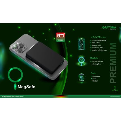 PATONA - Преносима батерия 10000mAh Li-Pol-PD20W с MagSafe, USB-C и Qi зареждане