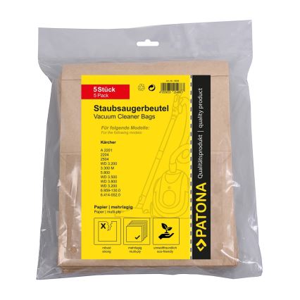 PATONA - Торбички за прахосмукачка KÄRCHER WD3/A2201/2204/2504/3.300/5.800 хартиени - 5 бр.