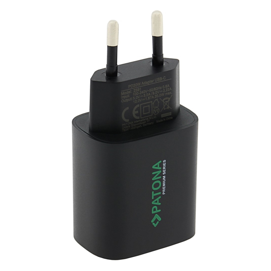 PATONA - Зареждащ адаптер USB-C Power delivery 20W/230V черен