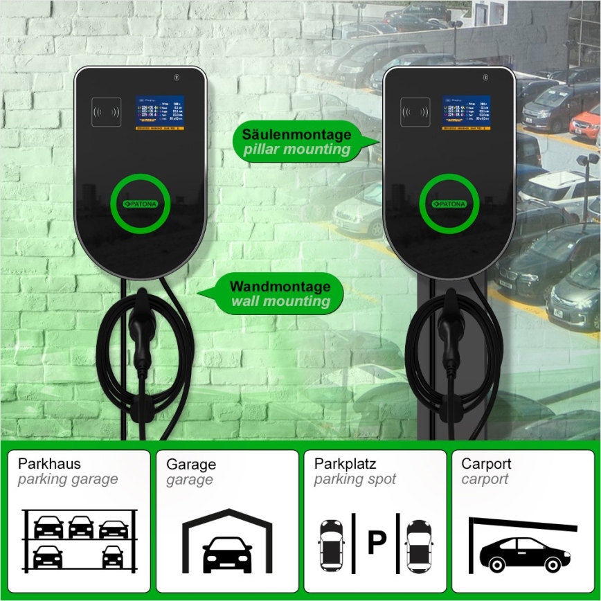 PATONA - Зарядна станция с LCD дисплей за електромобили 11kW/400V/16A IP54