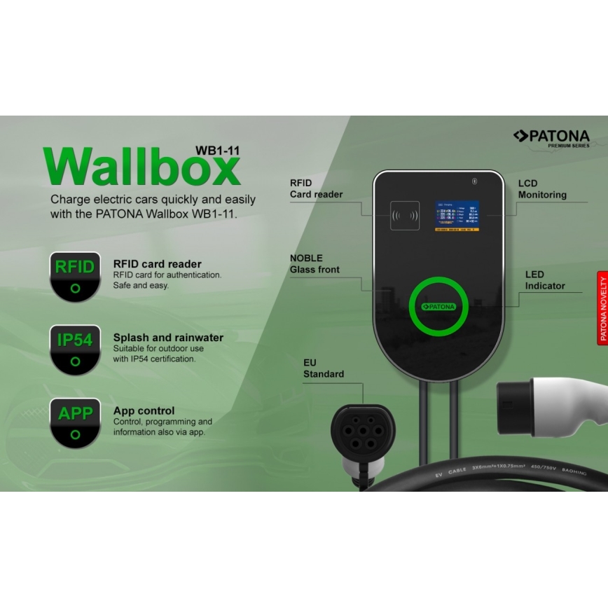 PATONA - Зарядна станция с LCD дисплей за електромобили 11kW/400V/16A IP54