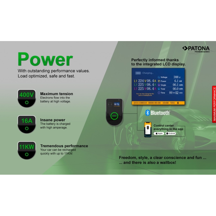 PATONA - Зарядна станция с LCD дисплей за електромобили 11kW/400V/16A IP54