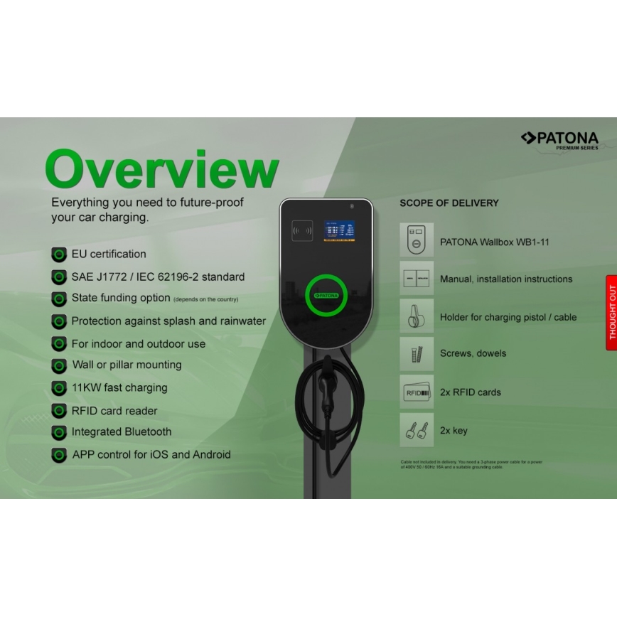 PATONA - Зарядна станция с LCD дисплей за електромобили 11kW/400V/16A IP54