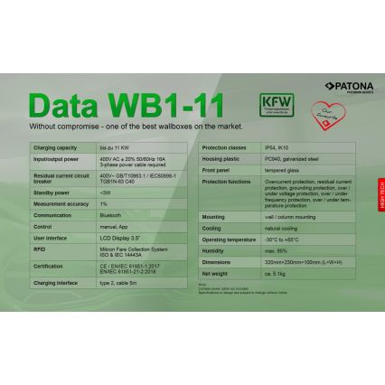 PATONA - Зарядна станция с LCD дисплей за електромобили 11kW/400V/16A IP54
