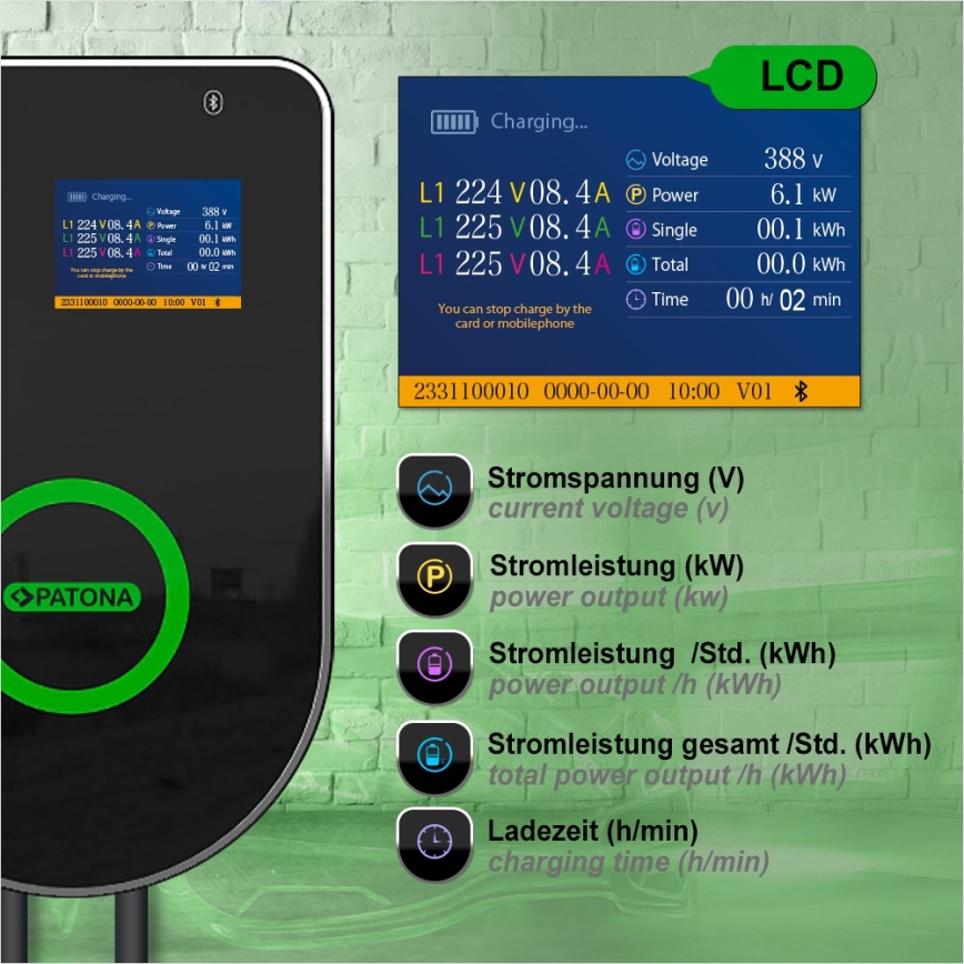 PATONA - Зарядна станция с LCD дисплей за електромобили 11kW/400V/16A IP54