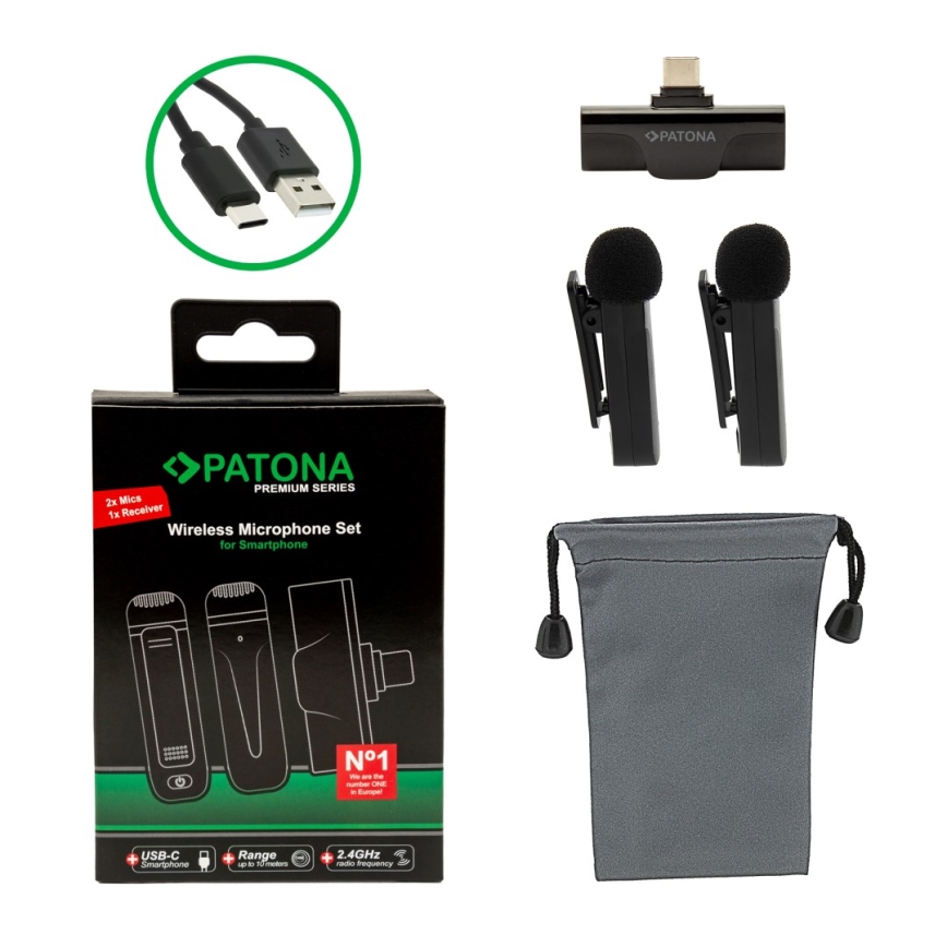 PATONA - К-кт 2x Безжичен микрофон с щипка за смартфони USB-C 5V