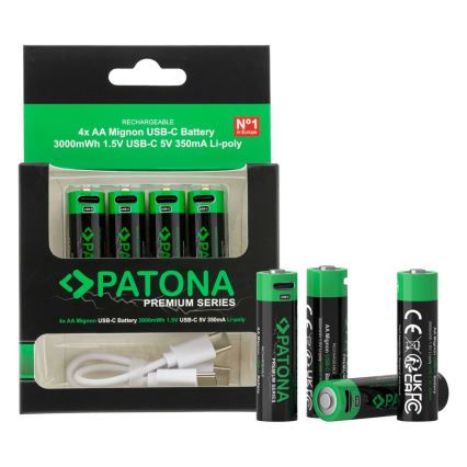 PATONA - К-кт 4x Батерия AA/LR6 Li-Pol 2000mAh 1,5Vs с USB-C зареждане