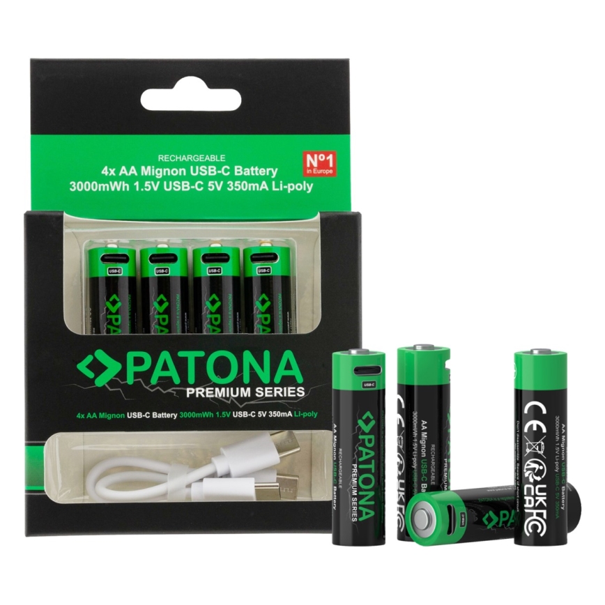PATONA - К-кт 4x Батерия AA/LR6 Li-Pol 2000mAh 1,5Vs с USB-C зареждане