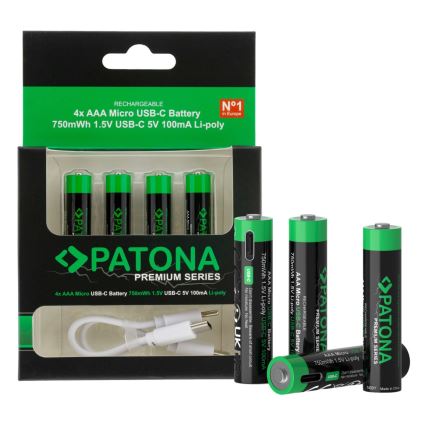 PATONA - К-кт 4x Батерия AAA/LR03 Li-Pol 500mAh 1,5V с USB-C зареждане