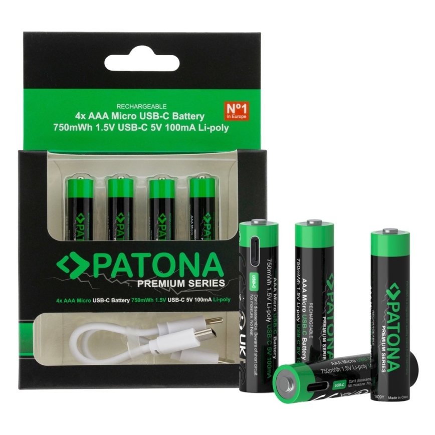 PATONA - К-кт 4x Батерия AAA/LR03 Li-Pol 500mAh 1,5V с USB-C зареждане