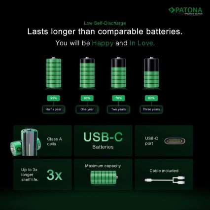 PATONA - К-кт 4x Батерия AAA/LR03 Li-Pol 500mAh 1,5V с USB-C зареждане