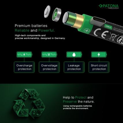 PATONA - К-кт 4x Батерия AAA/LR03 Li-Pol 500mAh 1,5V с USB-C зареждане