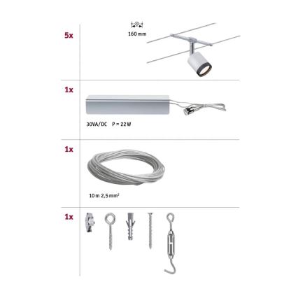 Paulmann 3981 - Комплект 5xLED/4W цялостна система с кабелно окачване TUBE 230V матов хром/черно