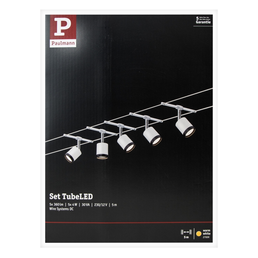 Paulmann 3981 - Комплект 5xLED/4W цялостна система с кабелно окачване TUBE 230V матов хром/черно