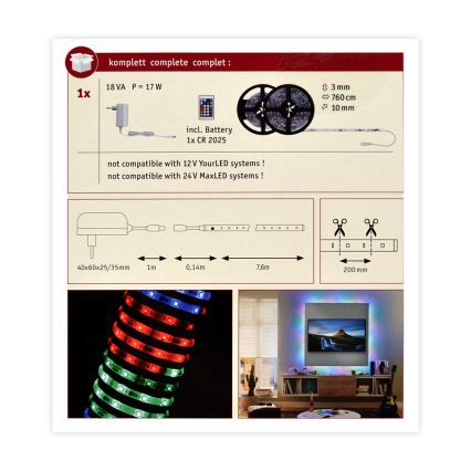 Paulmann 70514 - LED RGB/15W Димируема лента SIMPLED 7,5m 230V + дистанционно управление