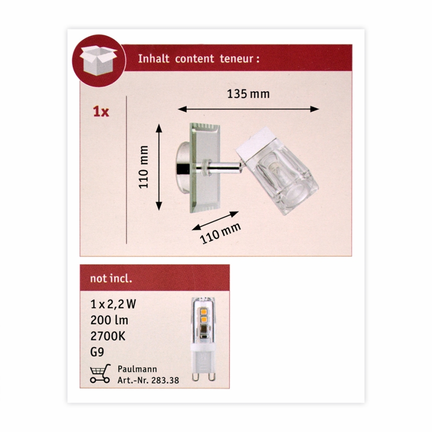 Paulmann 70840 - 1xG9/20W IP44 Спот за баня TRABANI 230V